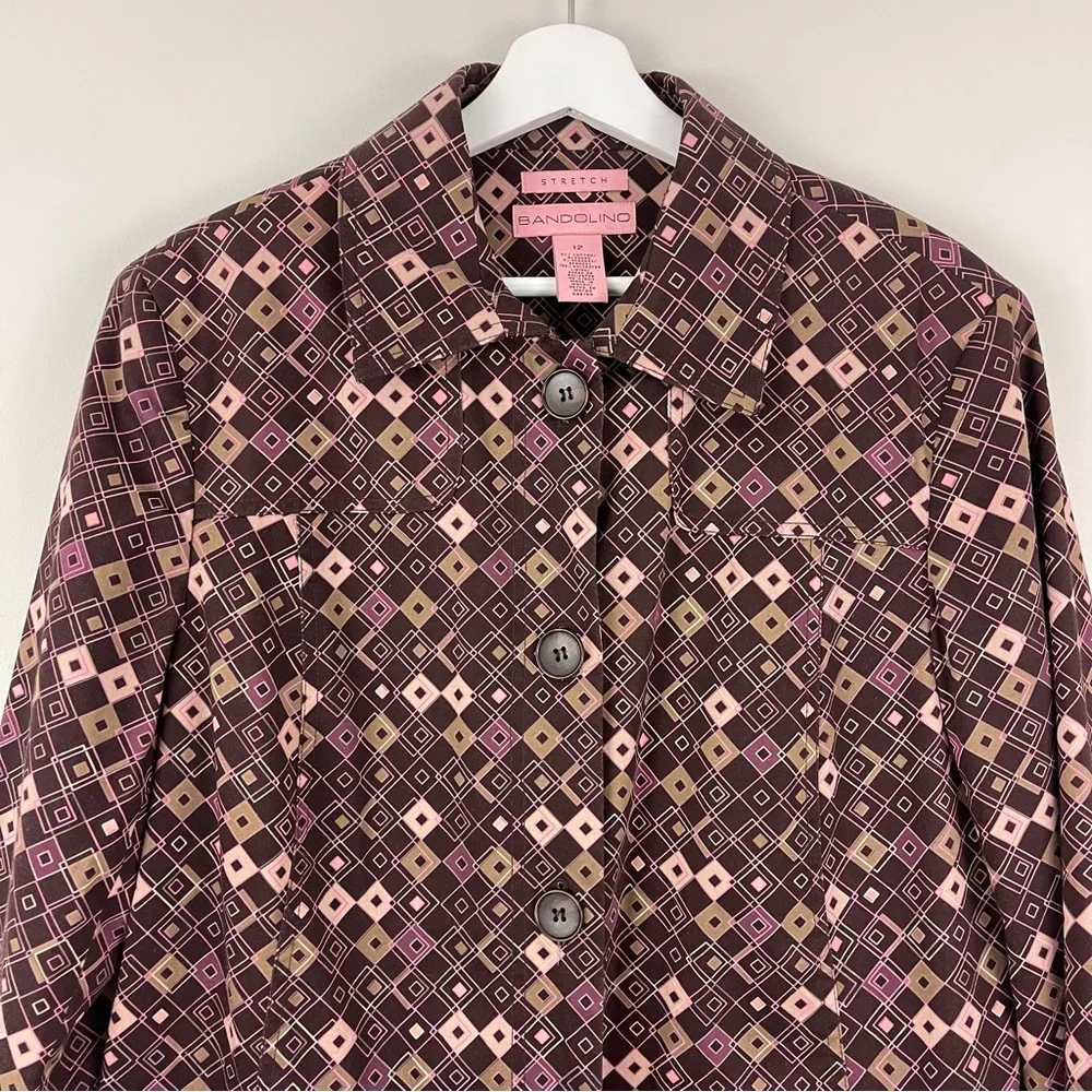 Bandolino Stretch Cotton Trench Brown Pink Geometric Square Print Jacket